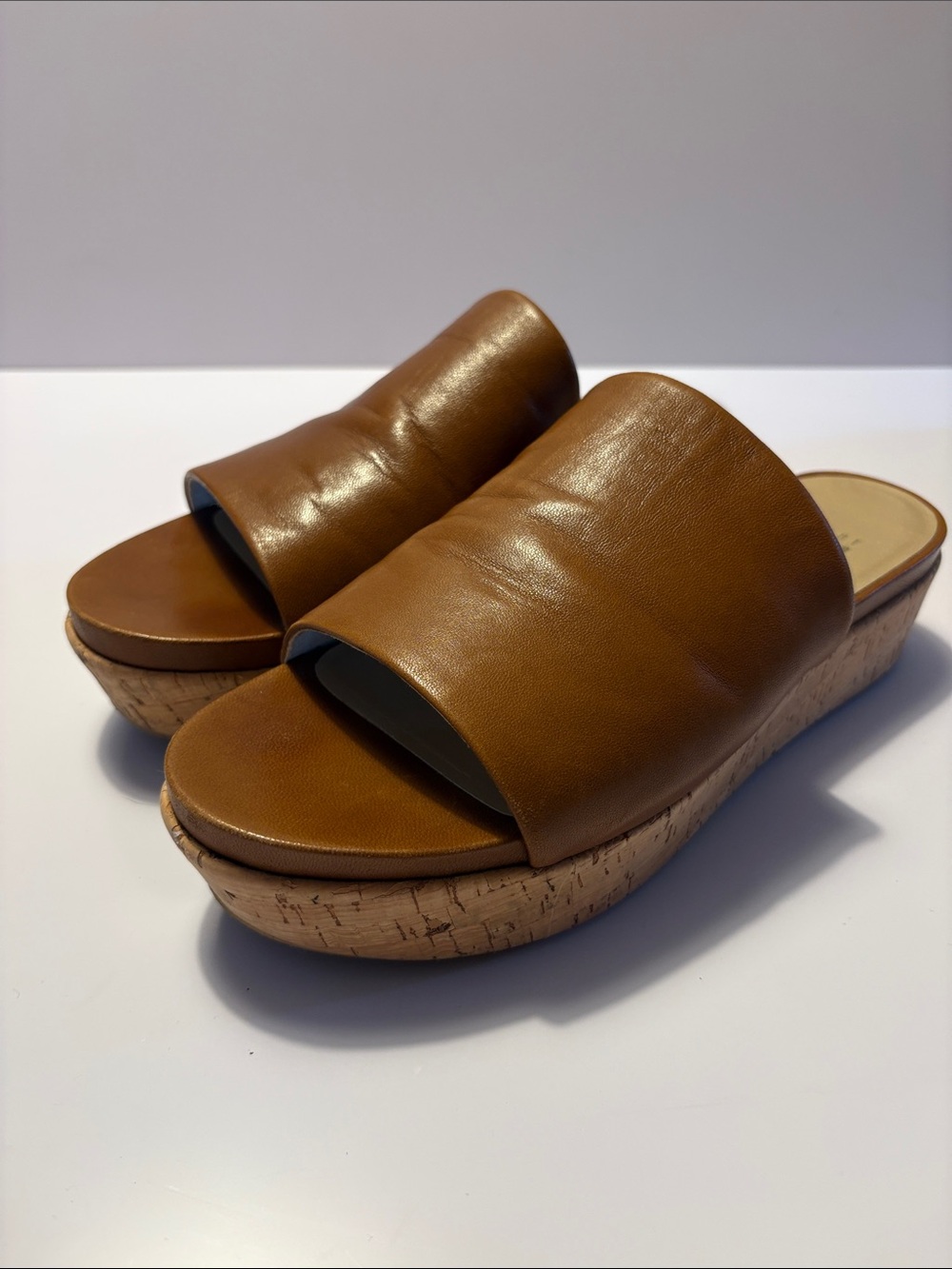 Stuart Weitzman Tan brown Leather Cork Wedge Slide sandals size 9 women’s